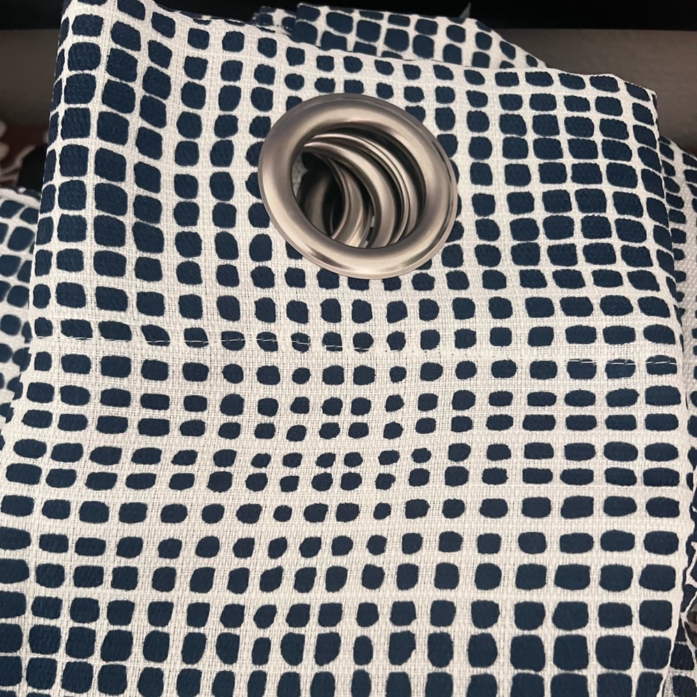 Two Curtain panels.   Navy blue and white